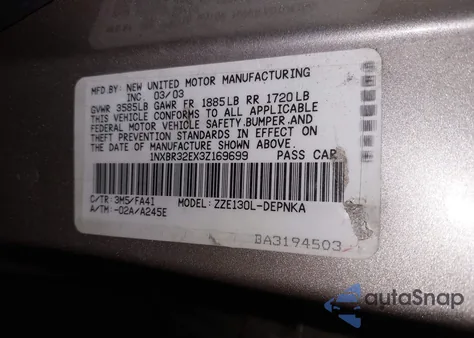 2003 Toyota Corolla Le z USA, uszkodzony, nr VIN 1NXBR32EX3Z169699